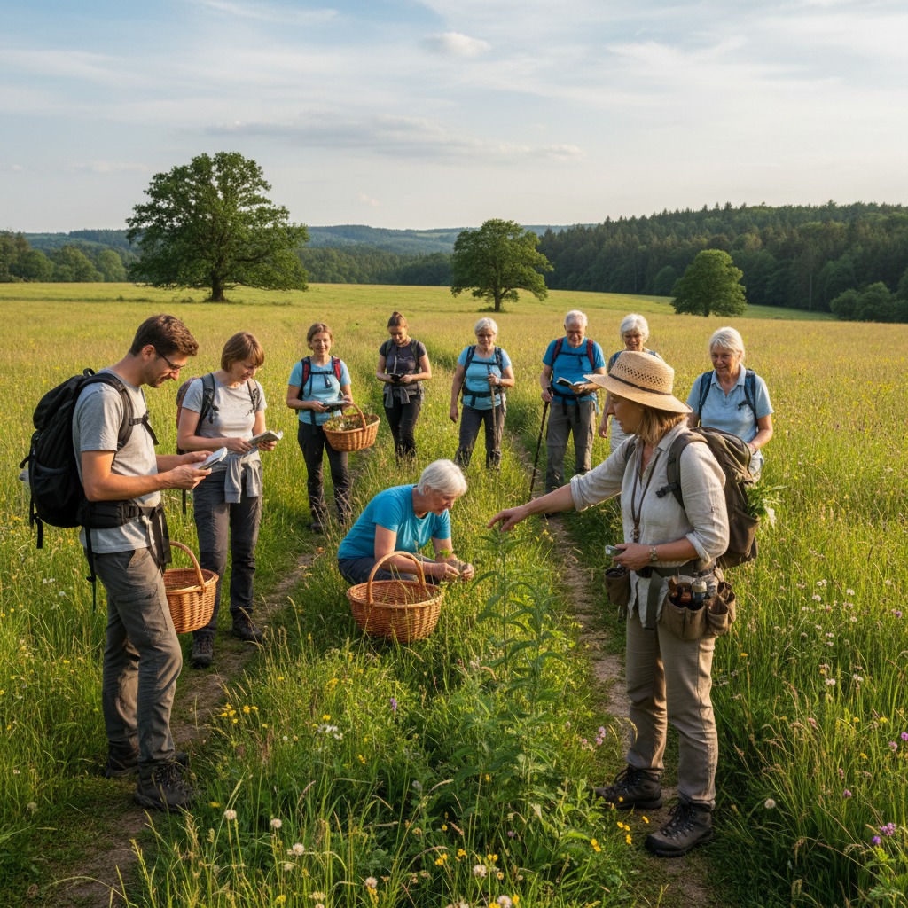 Kräuterwanderung. Eine Gruppe von Menschen, jung bis alt, tendenziell mehr Menschen mittleren Altes, auf gemeinsamer Wanderschaft durch die Natur, um Kräuter zu entdecken.