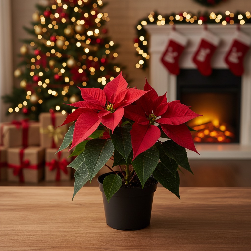Ein roter Weihnachtsstern in einem schwarzen Blumentopf steht auf einem Holztisch vor einem geschmückten Weihnachtsbaum und einem Kamin.